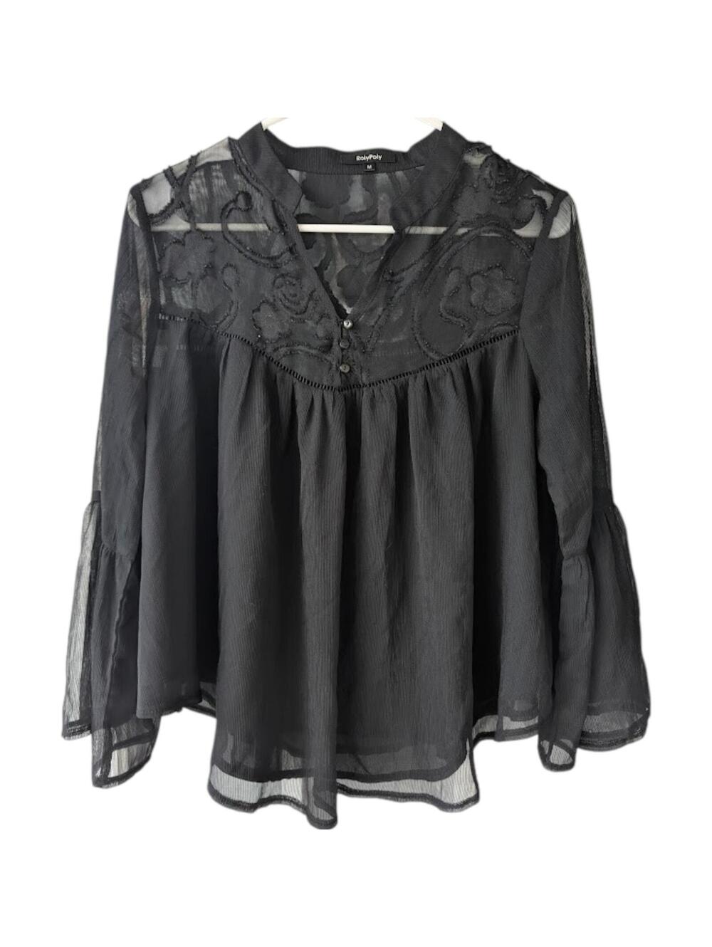 RolyPoly Black Lace Blouse Medium Sheer Yoke Bell Sleeve Elegant Top Whimsigoth